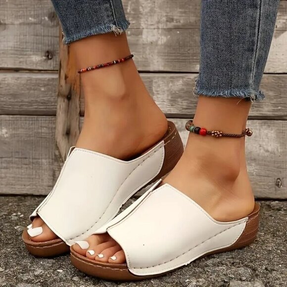 Passionate Vacations Shoes - Travel Passions - Cream Colored Wedge Slide Sandals